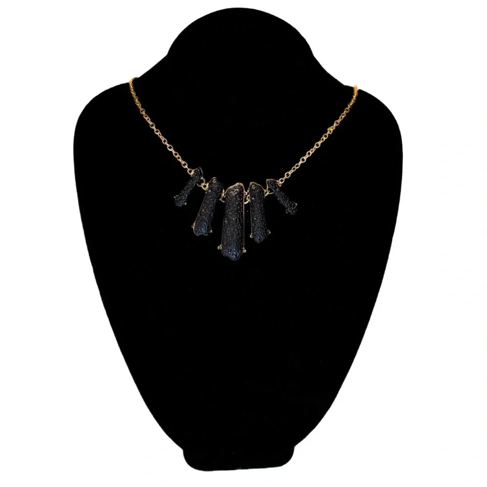 NEW - Elegant Statement Black Druzy Stones & Gold Waterfall Pendants Necklace - Picture 3 of 5